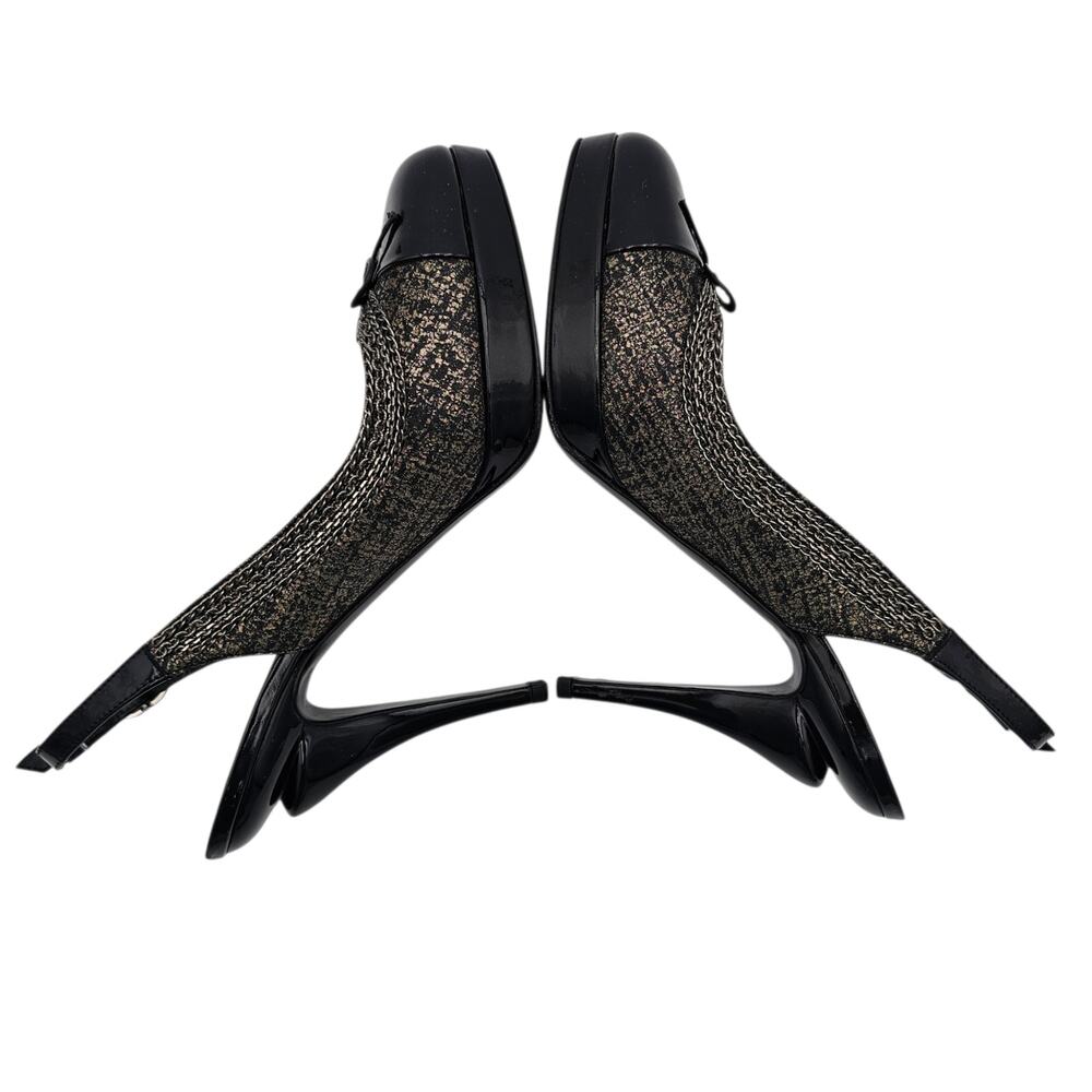 Chanel CC Slingback Chain Heel Pump Black Patent Vintage Gold Size 38.5 US 7.5 8 - Picture 5 of 15